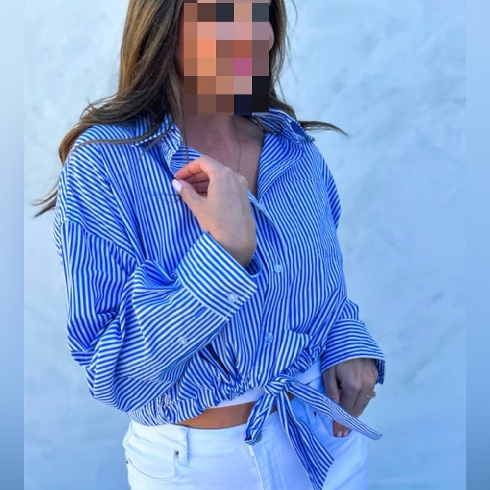 Elan Blue & White Striped Tie-Front Shirt